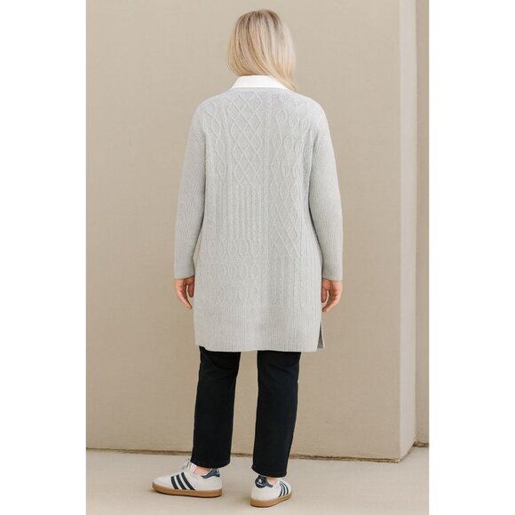 Chico's Cable Stitch Open Front Cardigan Sweater Gray Wool Cashmere Size 1 US M - Picture 2 of 14